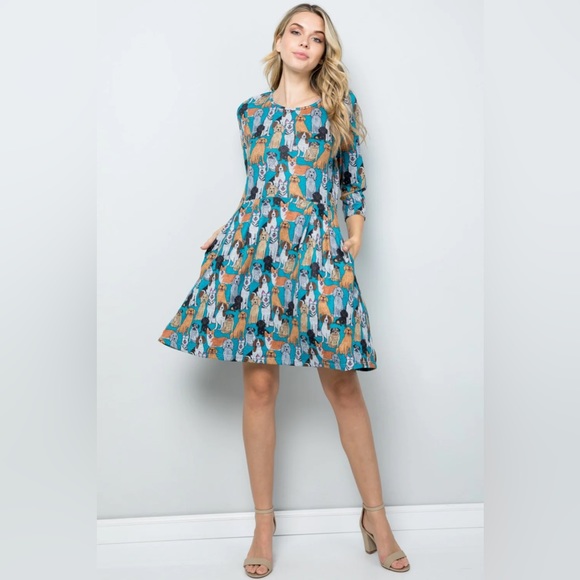 Dogs Print 3/4 Sleeves Sweater Dress With Pockets - Picture 2 of 7